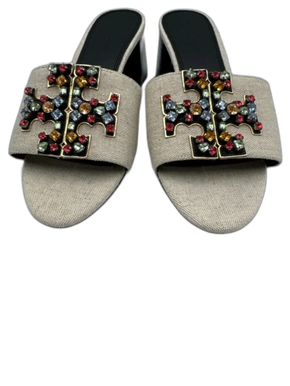 TORY BURCH Ines Embellished Linen Leather Mules 9.5 Rhinestone $300